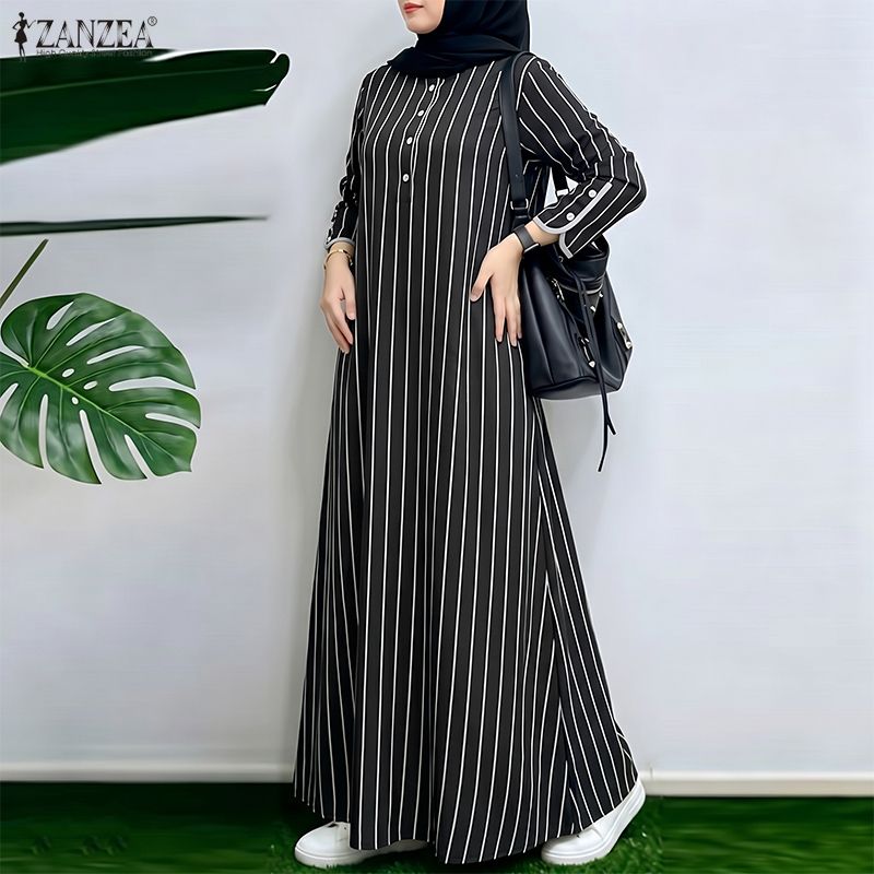 Abaya Modest Wear - Muslimisches, bescheidenes, gestreiftes Maxikleid für Damen,