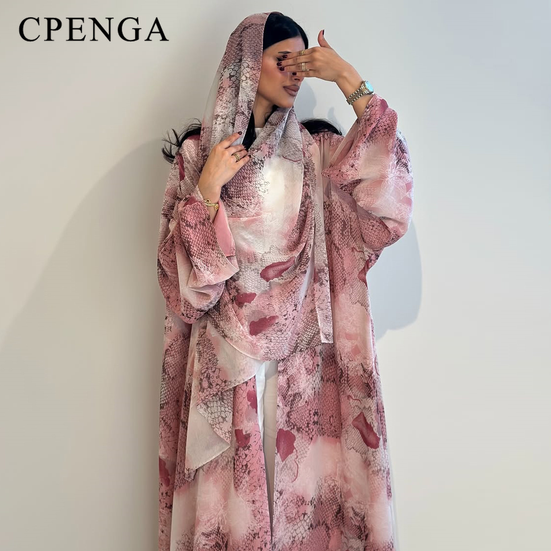 Abaya Modest Wear - 2026 Luxuriöse Dubai Pink Print Chiffon
