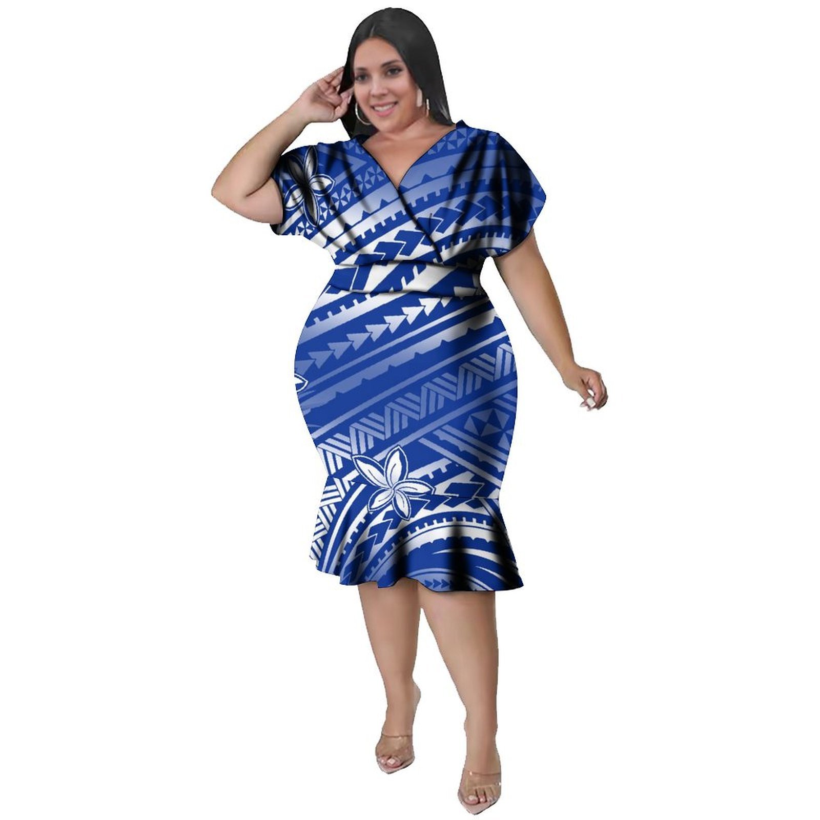 Ethnic Fabric - V-Ausschnitt Damenkleid im Polynesischen Stil Knielang