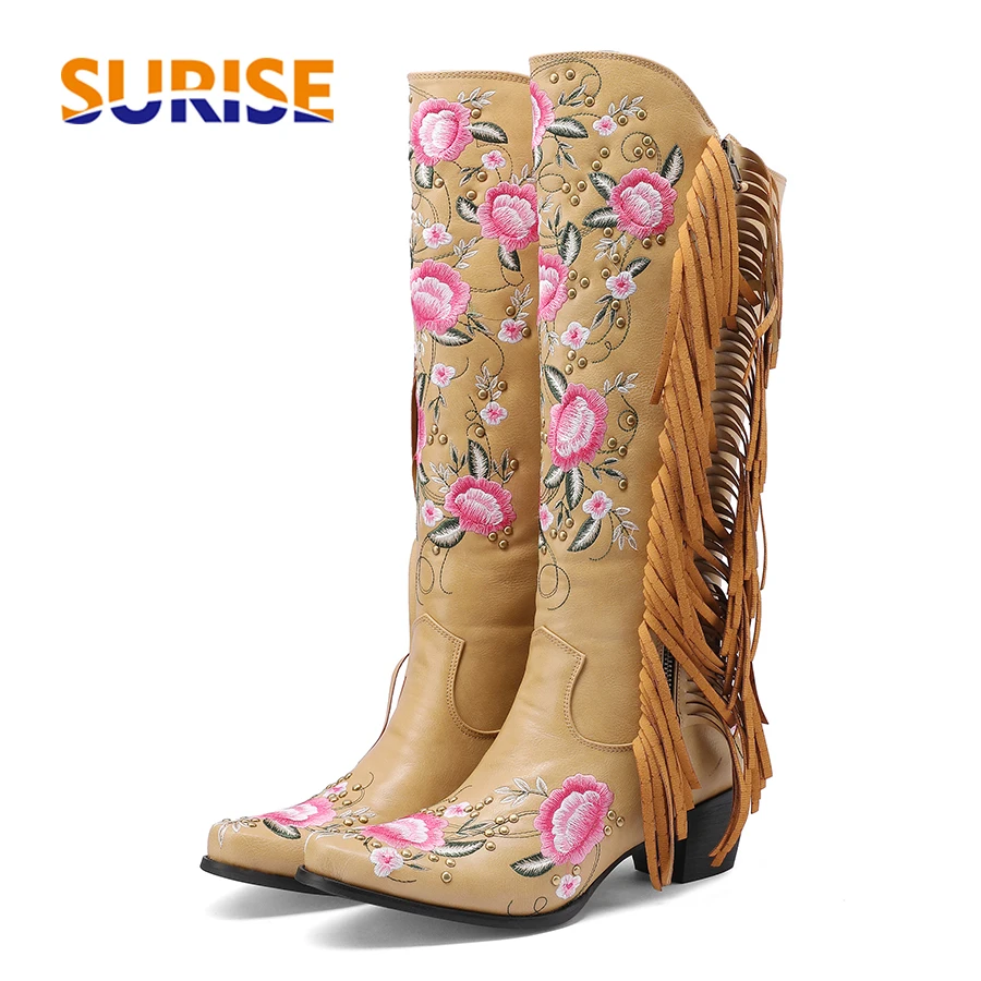 The Ethnic Fashion - Mode Stickerei Blume Western Kniehohe Stiefel