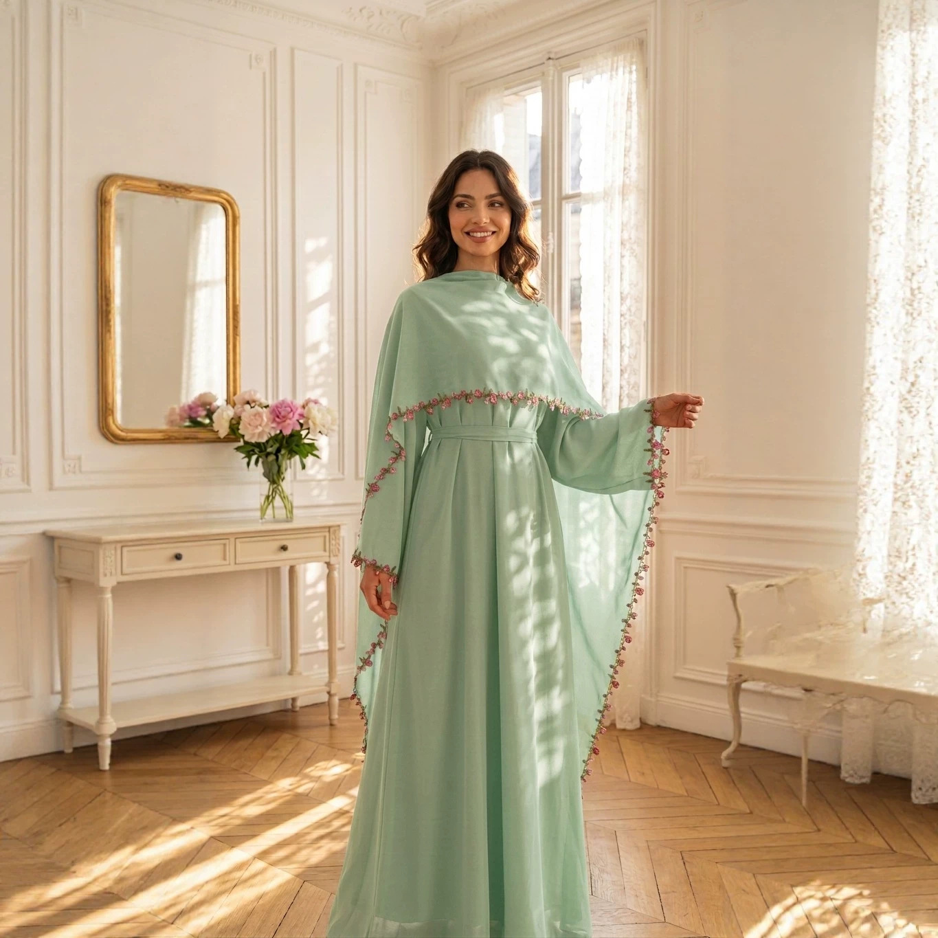 Elegantes Rosa Spitzenbesetzte – Abaya Modest Wear Bewertung und Preis